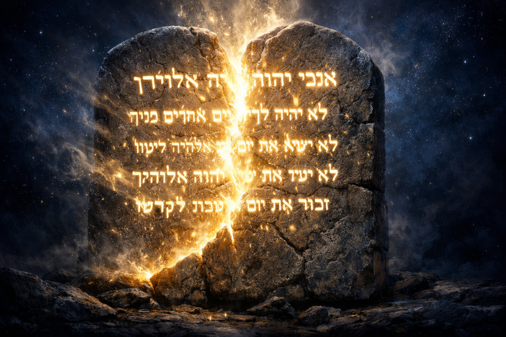 Stone tablets of the Ten Commandments against divine light — The Physics of I AM, quantum physics and biblical theology converge