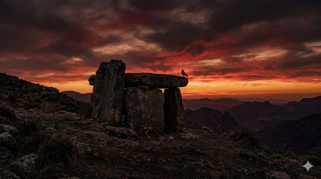 Ancient stone altar at dusk against a deep crimson and amber sky — The Blood Economy
