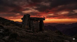 Ancient stone altar at dusk against a deep crimson and amber sky — The Blood Economy