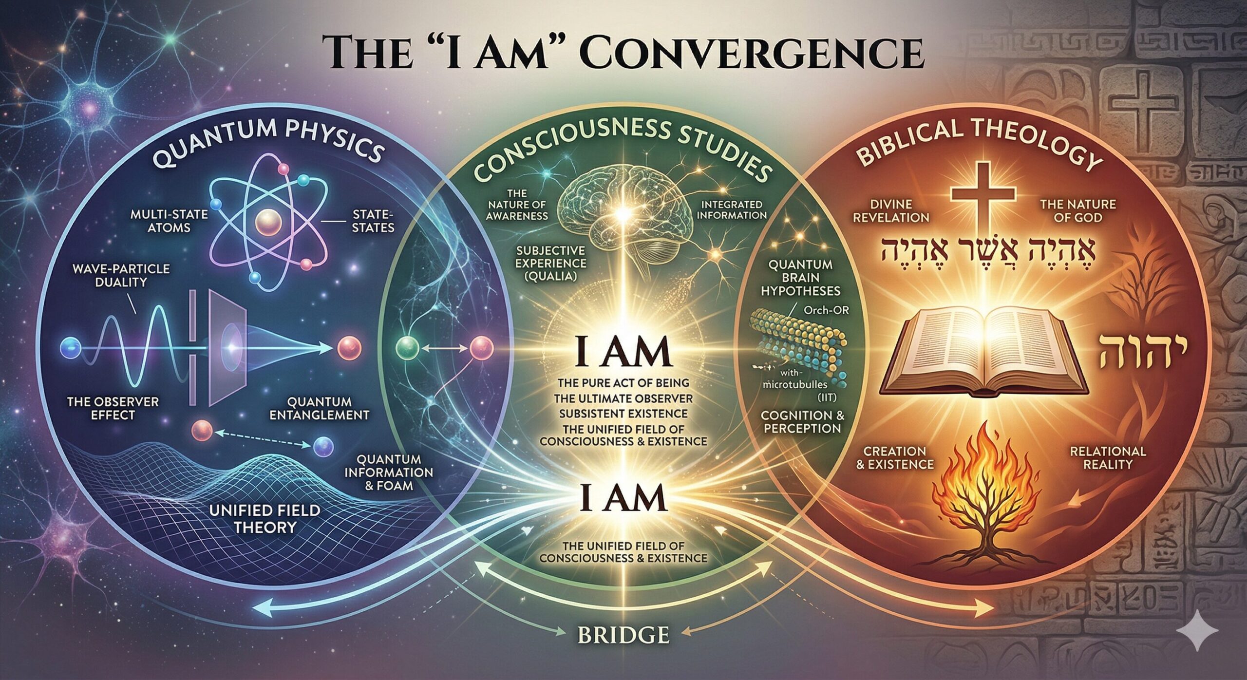 Three overlapping circles showing the convergence of Quantum Physics, Consciousness Studies, and Biblical Theology at the I AM