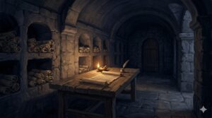Ancient stone scriptorium at night, scrolls in carved niches, single oil lamp illuminating an open parchment on a wooden table