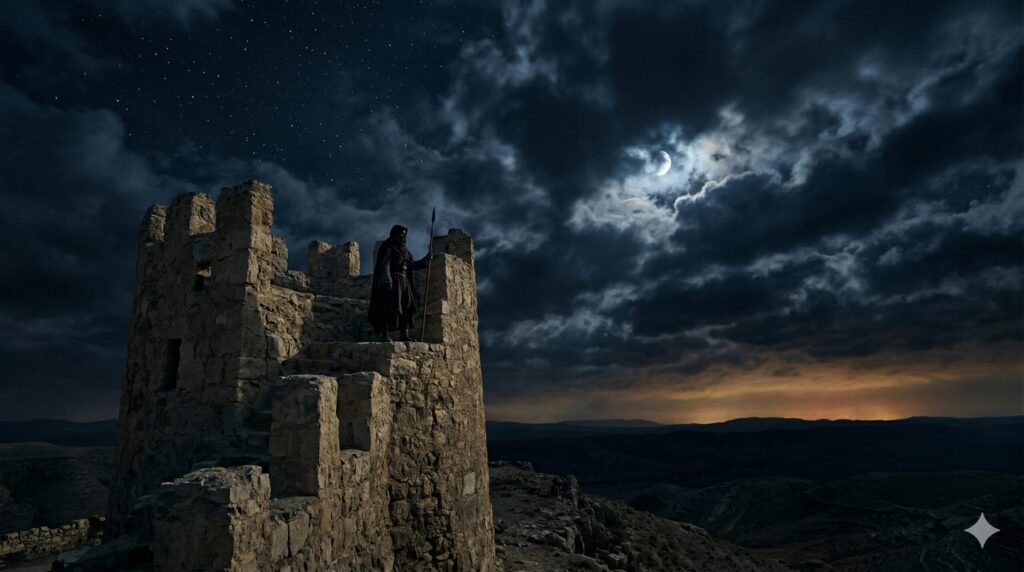 A lone sentinel standing watch on an ancient stone tower at night, crescent moon breaking through storm clouds, amber horizon — Signs of the Times