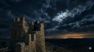A lone sentinel standing watch on an ancient stone tower at night, crescent moon breaking through storm clouds, amber horizon — Signs of the Times
