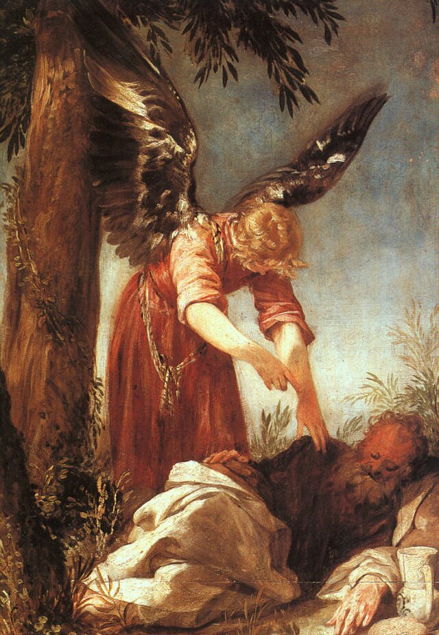 Juan Antonio Frías y Escalante, ‘An Angel Awakens the Prophet Elijah’ (c.1667) — the angel touches the exhausted prophet with bread and water: ‘Get up and eat, the journey is too much for you’ (1 Kings 19:7)
