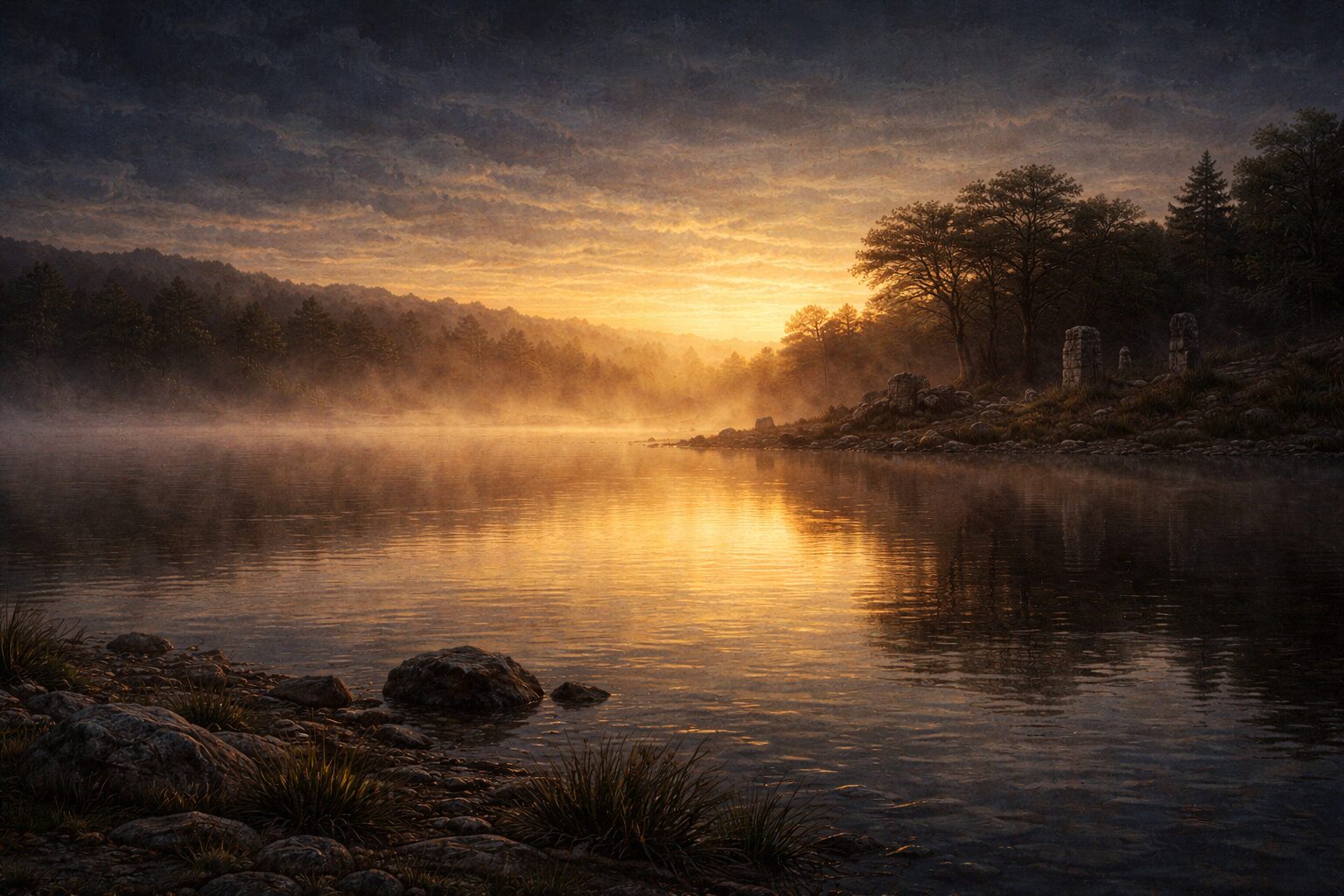 Still waters at dawn, morning mist rising over an ancient shoreline — He leadeth me beside the still waters, he restoreth my soul (Psalm 23:2)