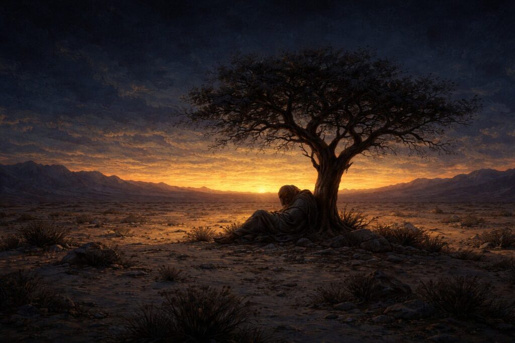 A figure collapsed beneath a solitary desert tree at dusk — Elijah beneath the juniper tree, exhausted after his greatest victory, asking God to take his life (1 Kings 19)